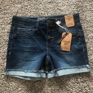 Button front denim shorts